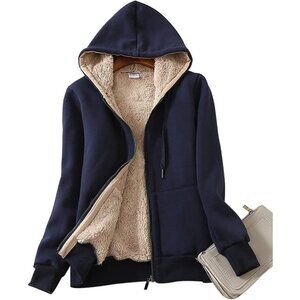 Women's Dark Blue Casual Full Zip Sherpa Lined Hoodie Sweatshirt Jacket Coat